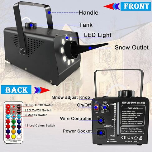الة ثلج مع اضواء 900 واط من ايمون، الة ندفة الثلج المزيفة للاماكن الداخلية 9 مصابيح LED 15 تاثير اضاءة مع جهاز تحكم لاسلكي عن بعد، ماكينة صنع ثلج محمولة للحفلات والمسرح in Kuwait