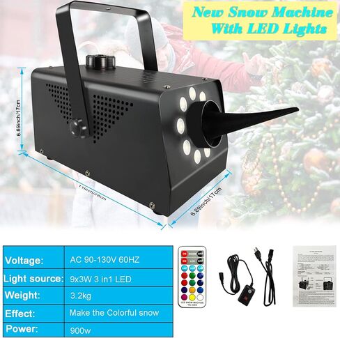 الة ثلج مع اضواء 900 واط من ايمون، الة ندفة الثلج المزيفة للاماكن الداخلية 9 مصابيح LED 15 تاثير اضاءة مع جهاز تحكم لاسلكي عن بعد، ماكينة صنع ثلج محمولة للحفلات والمسرح in Kuwait