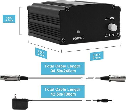 Fotoconic 1-Channel 48V Phantom Power Supply مع محول، إضافي + XLR 3 Pin كابل ميكروفون لأي معدات تسجيل موسيقى ميكروفون مكثف in Kuwait