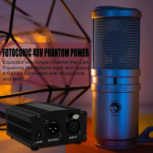 Fotoconic 1-Channel 48V Phantom Power Supply مع محول، إضافي + XLR 3 Pin كابل ميكروفون لأي معدات تسجيل موسيقى ميكروفون مكثف in Kuwait