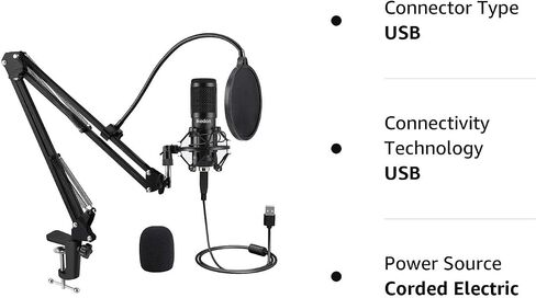 ميكروفون مكثف USB، IKEDON 192 كيلو هرتز/24 بت، ميكروفون بث الكمبيوتر الشخصي، طقم ميكروفون USB مع مجموعة ذراع ذراع شرائح الصوت الاحترافية، ميكروفون ستوديو قلبي لتسجيل البث الصوتي لألعاب YouTube in Saudi Arabia