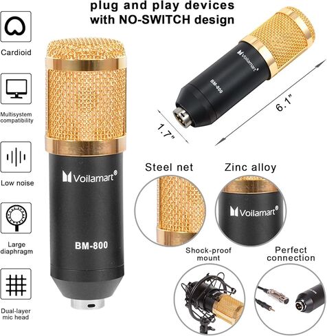 ميكروفون بودكاست للبث عبر USB من Voilamart، مجموعة ميكروفون مكثف BM-800 مع تسجيل قابل للتعديل، حامل ذراع مقص تعليق، حامل للصدمات، ميكروفون مكثف للبودكاست لليوتيوب، التسجيل in Kuwait