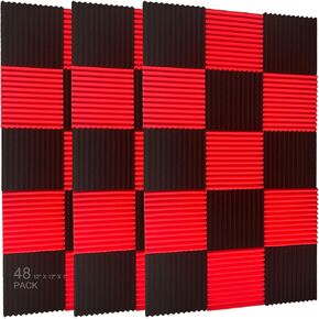 52 Pack Black red 1" x 12" x 12" Acoustic Wedge Studio Foam Sound Absorption Wall Panels