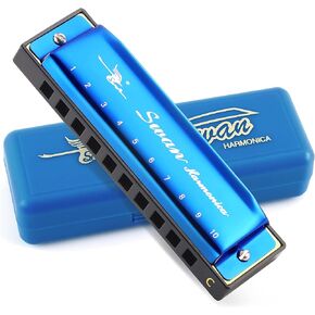 SWAN Blues Harmonica C Key for Kids Adults, 10 Hole 20 Tone Diatonic Harmonica Key of C Blues Harp for Beginners Students, Mouth Organ in Stainless Steel Burgundy Red, SW1020-7C