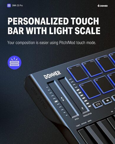 Donner DMK25 Pro MIDI Keyboard Controller, 25 Mini Key Portable USB-C MIDI Keyboard with 8 Drum Pads, OLED Display, Personalized Touch Bar, Music Production Software and 40 Free Courses in Saudi Arabia