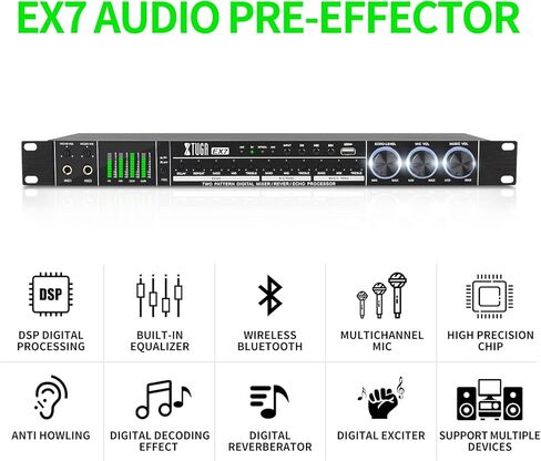 معالج صوت رقمي احترافي KTV من اكس توجا EX7 مضاد للعواء بمنفذ USB MP3 بلوتوث بصري، مناسب للمنزل والكاريوكي والمسرح والكنيسة والاداء (مع ميكروفون لاسلكي) in Kuwait