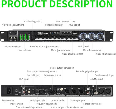 معالج صوت رقمي احترافي KTV من اكس توجا EX7 مضاد للعواء بمنفذ USB MP3 بلوتوث بصري، مناسب للمنزل والكاريوكي والمسرح والكنيسة والاداء (مع ميكروفون لاسلكي) in Kuwait