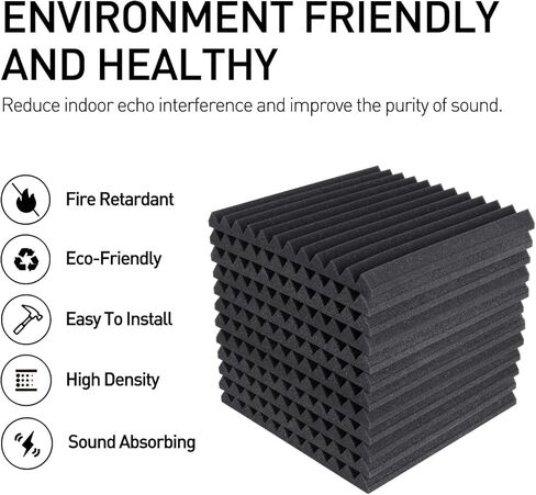 Focusound 50 حزمة من الإسفنج الصوتي مقاس 1 × 12 بوصة × 12 بوصة ألواح إسفنجية مقاومة للصوت وعازلة للصوت وألواح إسفينية لاستوديو تسجيل المكاتب المنزلية مع 270 قطعة لاصقة مزدوجة الجانب in Kuwait