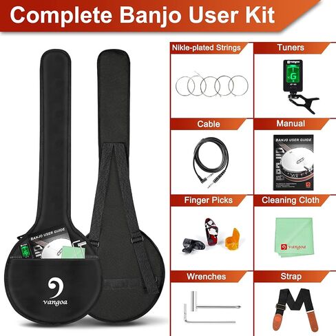 Vangoa Banjo 5 String Beginner Full Size Kit, Remo Head 24 Bracket Open Back Banjo Set with Resonator for Starter Adult Youth Teen in Kuwait