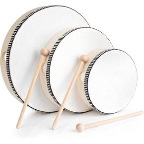 مجموعة طبول يدوية خشبية 10 انش 8 انش 6 انش الة قرع موسيقية تعليمية باطار خشبي مع عصي طبل لمستلزمات الحفلات المدرسية المنزلية - 3 قطع in Kuwait