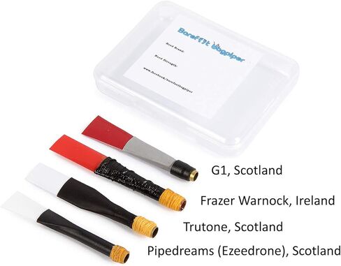 Bagpipe Practice Chanter Reeds 4 Pack Mixed Brands Frazer Warnock, G1 Reeds, Pipedreams (Ezeedrone), Trutone in Reusable Barefoot Bagpiper Case. From Scotland and Ireland Bagpipe Chanter Reeds in Kuwait