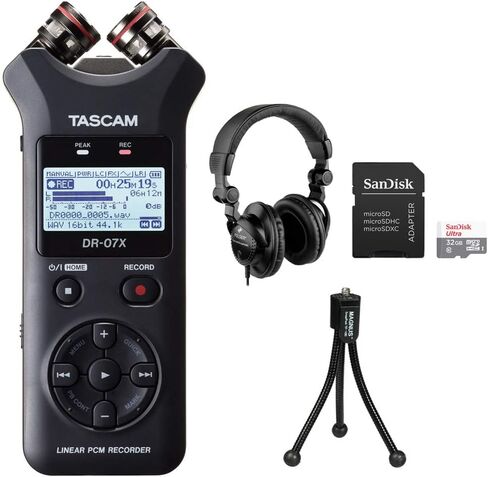 Tascam DR-07X مسجل صوت رقمي ستيريو محمول مع سماعات رأس Polsen HPC-A30 Studio Monitor، وبطاقة microSDHC سعة 32 جيجابايت وحزمة حامل ثلاثي القوائم in Kuwait
