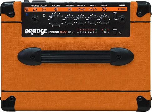 حزمة Orange Crush Bass 25 Guitar Combo Amp مع كابل أداة منسوج برتقالي بطول 10 أقدام وقماش تلميع الصوت السائل 1 × 8 بوصة 25 وات، 3 نطاقات EQ وموالف لوني متكامل in Saudi Arabia