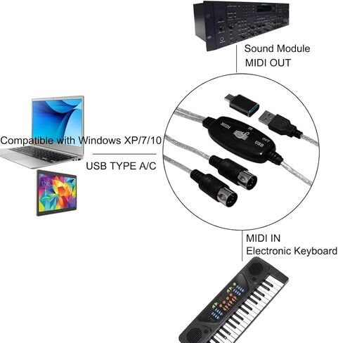 Bealuffe MIDI to USB Cable Connect Piano Keyboard/Synthesizer to Computer Laptop, USB MIDI Interface MIDI Cable Adapter for Editing or Recording for Windows System in Kuwait