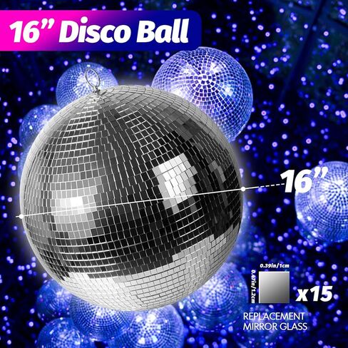 كرة ديسكو كبيرة مقاس 16 بوصة من GSD، كرة ديسكو مرآة زجاجية دوارة لتزيين الحفلات والعطلات، فضية، (كرة ديسكو × 1، مرآة بديلة × 15 قطعة) in Kuwait