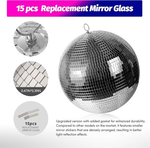 كرة ديسكو كبيرة مقاس 16 بوصة من GSD، كرة ديسكو مرآة زجاجية دوارة لتزيين الحفلات والعطلات، فضية، (كرة ديسكو × 1، مرآة بديلة × 15 قطعة) in Kuwait