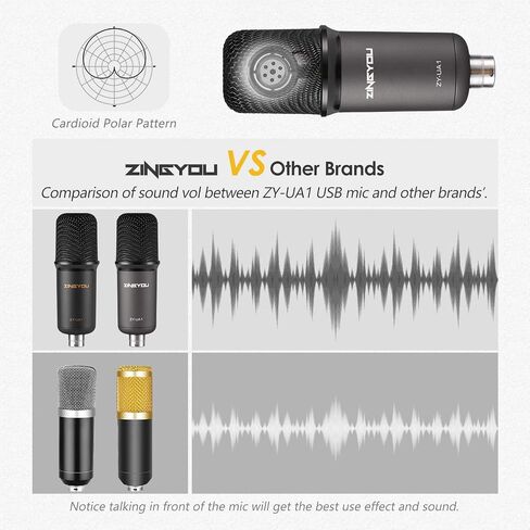 مجموعة ميكروفون ZINGYOU USB ZY-UA1 للكمبيوتر المحمول ومكثف تسجيل الكمبيوتر المحمول لبث ألعاب البث على YouTube على نظام التشغيل macOS وWindows مع ذراع مقص قابل للتعديل وفلتر بوب معدني للصدمات (رمادي) in Kuwait