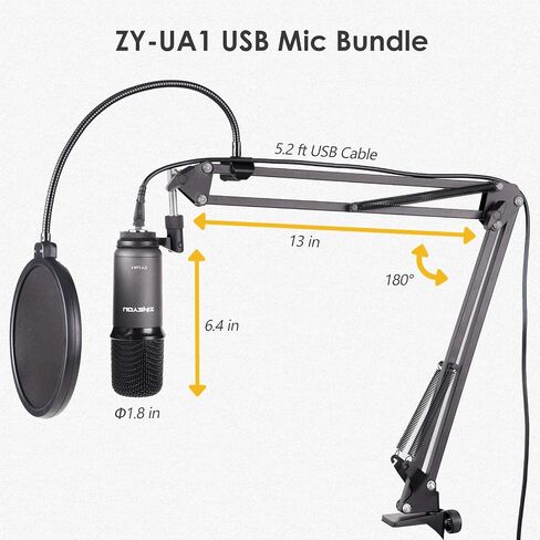 مجموعة ميكروفون ZINGYOU USB ZY-UA1 للكمبيوتر المحمول ومكثف تسجيل الكمبيوتر المحمول لبث ألعاب البث على YouTube على نظام التشغيل macOS وWindows مع ذراع مقص قابل للتعديل وفلتر بوب معدني للصدمات (رمادي) in Kuwait