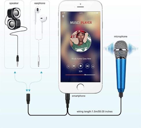 مايكروفون، معدات الميكروفون، الغناء الميكروفون، جودة صوت جميلة، توفير نوع صغير للفضاء، عملية الدمج المعدنية، موصل صوت 3.5 مم، مناسب لأجهزة الكمبيوتر المحمول، آيفون، هاتف أندرويد (أزرق) in Kuwait