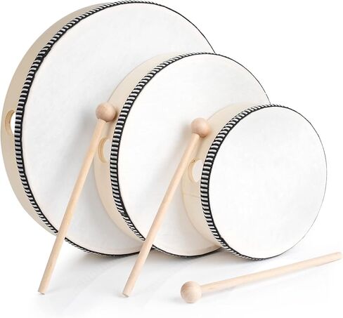مجموعة طبول يدوية خشبية 10 انش 8 انش 6 انش الة قرع موسيقية تعليمية باطار خشبي مع عصي طبل لمستلزمات الحفلات المدرسية المنزلية - 3 قطع in Kuwait