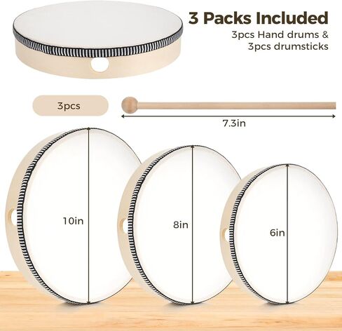 مجموعة طبول يدوية خشبية 10 انش 8 انش 6 انش الة قرع موسيقية تعليمية باطار خشبي مع عصي طبل لمستلزمات الحفلات المدرسية المنزلية - 3 قطع in Kuwait