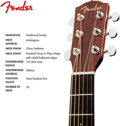 حزمة جيتار صوتي من Fender CD-60S Dreadnought (لوحة أصابع من خشب الجوز، جميع أنواع الماهوجني) مع جيتار فيندر كلاسيكي من السيلولويد متوسط ​​الحجم مكون من 12 قطعة و351 شكلًا وشريط جيتار مقاس 2 بوصة in Saudi Arabia