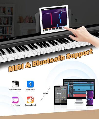 بيانو قابل للطي من Finger Dance Pro، لوحة مفاتيح بيانو محمولة مع حامل كامل الحجم، ترقية الخشب الحبيبي الذي يعمل باللمس 88 مفتاحًا حساسًا للبيانو الرقمي مع بلوتوث MIDI لوحة مفاتيح البيانو المحمولة للمبتدئين، أسود PRO in Kuwait