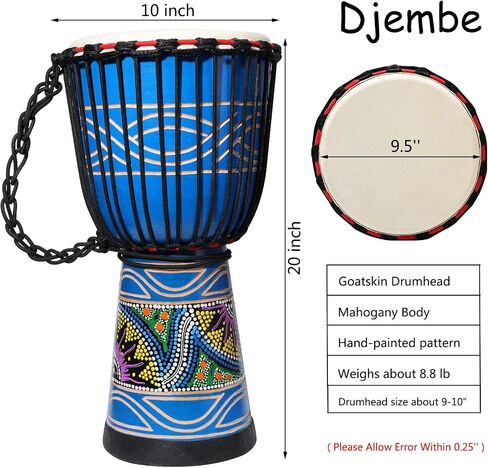 طبلة Djembe، طبلة LIEKE مقاس 10 بوصات أفريقية منحوتة من جلد الماعز الماهوجني للبالغين من الطلاب المبتدئين باللون الأخضر in Kuwait