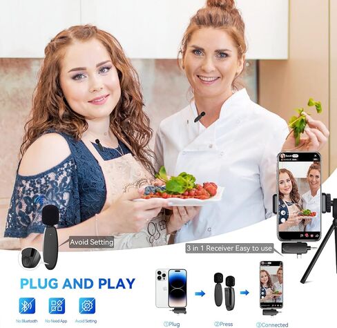 MAXTOP 3 in 1 Mini Microphone Wireless Lavalier Microphones for iPhone, Android and Camera- 2.4G Cordless Double Mics with Noise Reduction-Professional Video Recording Lav Mic for Interview, Vlog in Kuwait