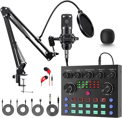 حزمة معدات البودكاست، طقم ميكروفون BM-800 مع بطاقة صوت حية، حزمة ميكروفون بودكاست مع ميكروفون ستوديو، معدات استوديو التسجيل للبث المباشر، البث مع الهاتف/الكمبيوتر الشخصي/الكمبيوتر المحمول in Kuwait