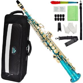 EASTROCK Soprano Saxophone Curved Bb Flat Black Sax Instruments for Beginners Intermediate Players with Carrying Case,Mouthpiece,Pads,Reed,Cleaning kit,neck Strap,White Gloves