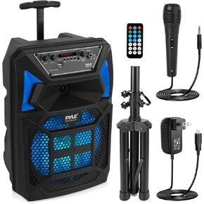 Pyle Bluetooth PA Speaker & Microphone System - Portable Karaoke Speaker with Wired Mic, Built-in LED Party Lights, FM Radio, MP3/USB/Micro SD Readers, Speaker Stand (8’’ Subwoofer, 400 Watt MAX) in Kuwait