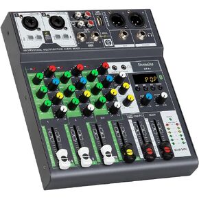 Bomaite BF4+ نظام وحدة تحكم صوت DJ خلاط صوت صغير، 4 قنوات طاقة فانتوم 48 فولت مع بلوتوث USB MP3 ستيريو مباشر DJ Studio Streaming لحفلات تسجيل الكمبيوتر الاحترافية KTV in Kuwait