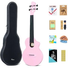 مجموعة القيثارة من Rosen Concert Ukulele مقاس 23 بوصة من ألياف الكربون للسفر للأطفال البالغين والمبتدئين مع جميع الملحقات، موالف، حزام، كابو، أوتار، قماش تنظيف، اختيارات، كتاب القيثارة (وردي)