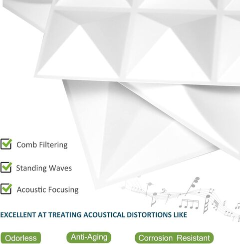 TroyStudio Acoustic Sound Diffuser Panels, 12 X 12 X 1 inches 8 Pcs PVC Plastic Wall Panel, Recording Studio Acoustical Treatments Diffusion panel, 3d Art Decorative Ceiling Tiles (Pyramid, White) in Saudi Arabia
