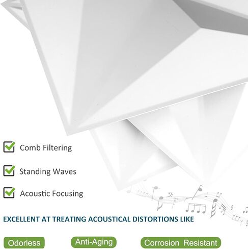 TroyStudio Acoustic Sound Diffuser Panels, 12 X 12 X 1 inches 8 Pcs PVC Plastic Wall Panel, Recording Studio Acoustical Treatments Diffusion panel, 3d Art Decorative Ceiling Tiles (Pyramid, White) in Saudi Arabia