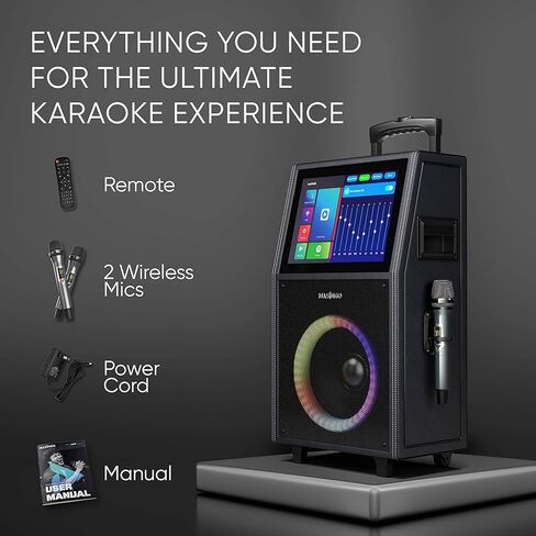 آلة كاريوكي MASINGO 2023 مع شاشة عرض كلمات [وحدة معالجة مركزية مطورة] + 2 ميكروفونات لاسلكية، نظام مكبر صوت PA محمول يعمل بالبلوتوث مع جهاز لوحي مدمج 15 بوصة وواي فاي - Allegro X8 2.0 in Kuwait