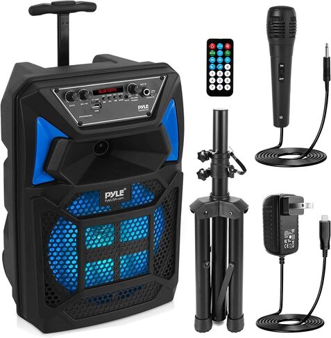 Pyle Bluetooth PA Speaker & Microphone System - Portable Karaoke Speaker with Wired Mic, Built-in LED Party Lights, FM Radio, MP3/USB/Micro SD Readers, Speaker Stand (8’’ Subwoofer, 400 Watt MAX) in Saudi Arabia