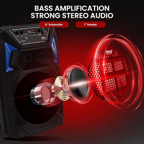 Pyle Bluetooth PA Speaker & Microphone System - Portable Karaoke Speaker with Wired Mic, Built-in LED Party Lights, FM Radio, MP3/USB/Micro SD Readers, Speaker Stand (8’’ Subwoofer, 400 Watt MAX) in Saudi Arabia