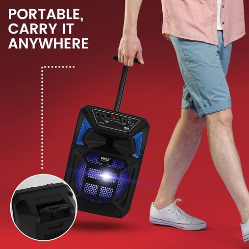 Pyle Bluetooth PA Speaker & Microphone System - Portable Karaoke Speaker with Wired Mic, Built-in LED Party Lights, FM Radio, MP3/USB/Micro SD Readers, Speaker Stand (8’’ Subwoofer, 400 Watt MAX) in Saudi Arabia
