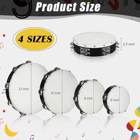 Konohan 4 Pcs Tambourines for Church Adults with Box, 6 8 10 12 Inches Wood Handheld Tambourine Double Row Metal Jingles Musical Percussion Instrument for Educational Party KTV Game in Saudi Arabia