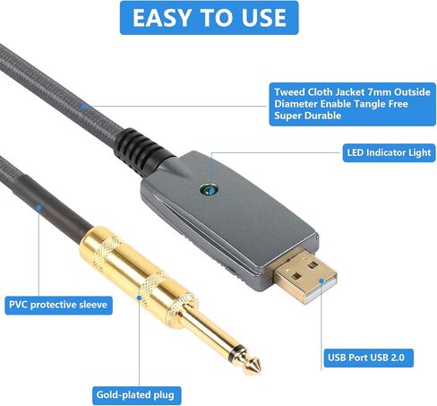 SinLoon USB Guitar Cable,10FT USB 2.0 Interface Male to 6.35mm (1/4inch) TS Mono Electric Guitar Converter Cable, Nylon Braid Recording Cable, for Instruments Recording Singing (USB to 6.35 Gold) in Saudi Arabia