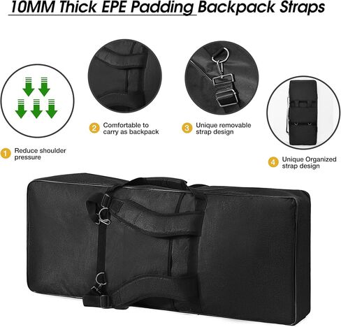 حافظة كيبورد بـ61 مفتاح بخياطة جيدة وبطانة سميكة 10 ملم مقاس 40 انش × 16.9 انش × 5.5 انش، حافظة بيانو بمقابض اسفنجية واحزمة كتف قابلة للازالة وشنطة ظهر مبطنة للكيبورد الكهربائي مع 3 طرق للحمل in Kuwait