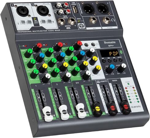 Bomaite BF4+ نظام وحدة تحكم صوت DJ خلاط صوت صغير، 4 قنوات طاقة فانتوم 48 فولت مع بلوتوث USB MP3 ستيريو مباشر DJ Studio Streaming لحفلات تسجيل الكمبيوتر الاحترافية KTV in Kuwait