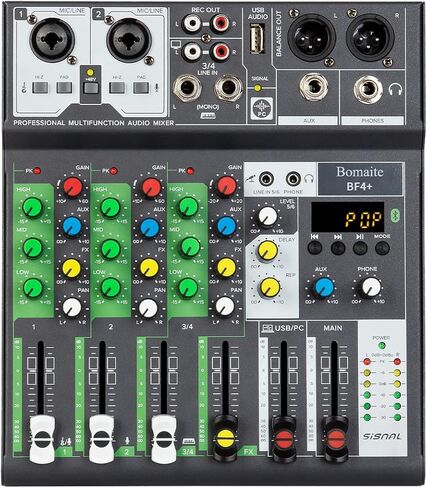 Bomaite BF4+ نظام وحدة تحكم صوت DJ خلاط صوت صغير، 4 قنوات طاقة فانتوم 48 فولت مع بلوتوث USB MP3 ستيريو مباشر DJ Studio Streaming لحفلات تسجيل الكمبيوتر الاحترافية KTV in Kuwait