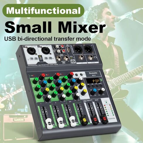 Bomaite BF4+ نظام وحدة تحكم صوت DJ خلاط صوت صغير، 4 قنوات طاقة فانتوم 48 فولت مع بلوتوث USB MP3 ستيريو مباشر DJ Studio Streaming لحفلات تسجيل الكمبيوتر الاحترافية KTV in Kuwait