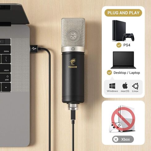 مجموعة ميكروفون TONOR USB، ميكروفون كمبيوتر مكثف قلبي للبودكاست للألعاب، فيديو يوتيوب، تسجيل الموسيقى، الصوت، حزمة ميكروفون الاستوديو مع حامل ذراع التعديل (TC40) in Kuwait