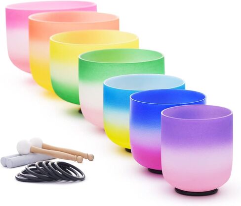 كيه في كيه ايه مجموعة من 7 قطع من وعاء الغناء الكريستالي كوارتز بالوان قوس قزح مع حقيبة حمل مجانية 432 هرتز 7-12 انش in Kuwait