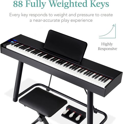 Best Choice Products بيانو رقمي كامل الحجم مزود بـ 88 مفتاحًا، مجموعة لوحة مفاتيح إلكترونية لجميع مستويات الخبرة مع حامل U، 3 وحدة دواسات مستدامة، مقعد، غطاء لوحة مفاتيح، 2 مقابس سماعة رأس in Kuwait