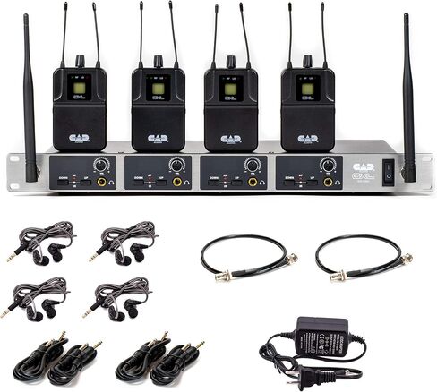 نظام مراقبة الأذن CAD Audio GXLIEM4 Frequency Agile Wireless داخل الأذن - أربعة مزيج منفصل - يتضمن 4 سماعات أذن MEB1، و4 أجهزة استقبال Bodypack، وأذنين مثبتتين على حامل ومجموعة نقل الهوائي، أسود in Kuwait